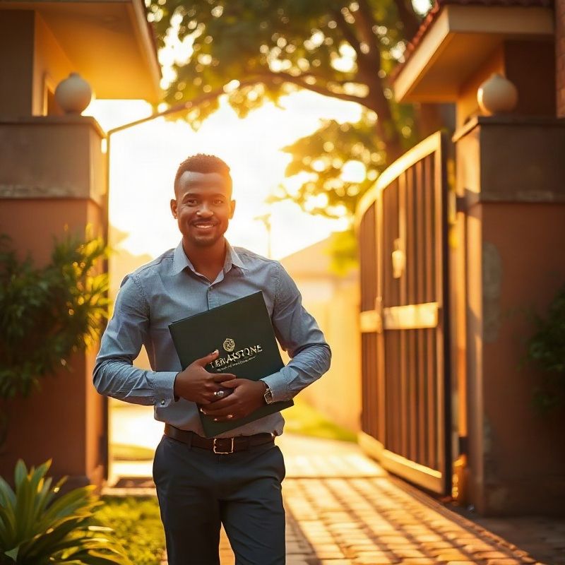 A Terraustone team member arriving on time at a Kisumu residential gate in golden morning light