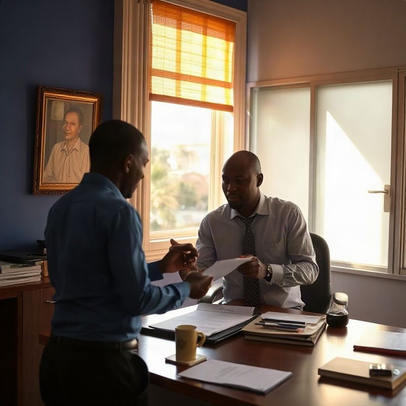 Two people reviewing service documents across a desk in a Kisumu office in warm afternoon light