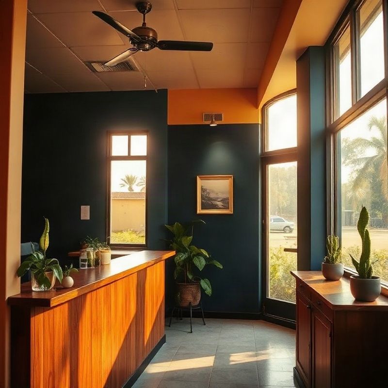 Welcoming interior of the Terraustone reception in Kisumu with an indigo accent wall and warm afternoon light